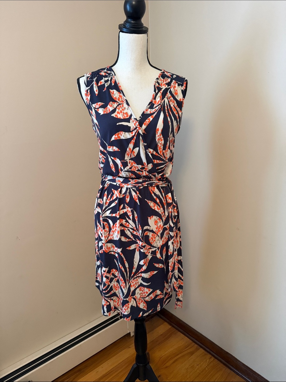 Banana Republic Navy Floral Wrap Midi Dress with Orange and Cream Print